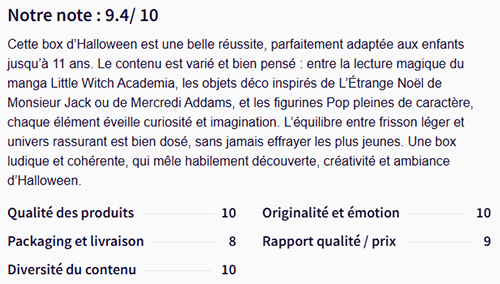 Récapitulatif des notes de la box manga halloween, moyenne 9 sur 10